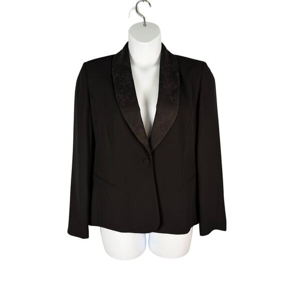 Laura Scott Blazer 16 Black Jacquard Floral Satin Shawl Collar Party Formal - Picture 1 of 7